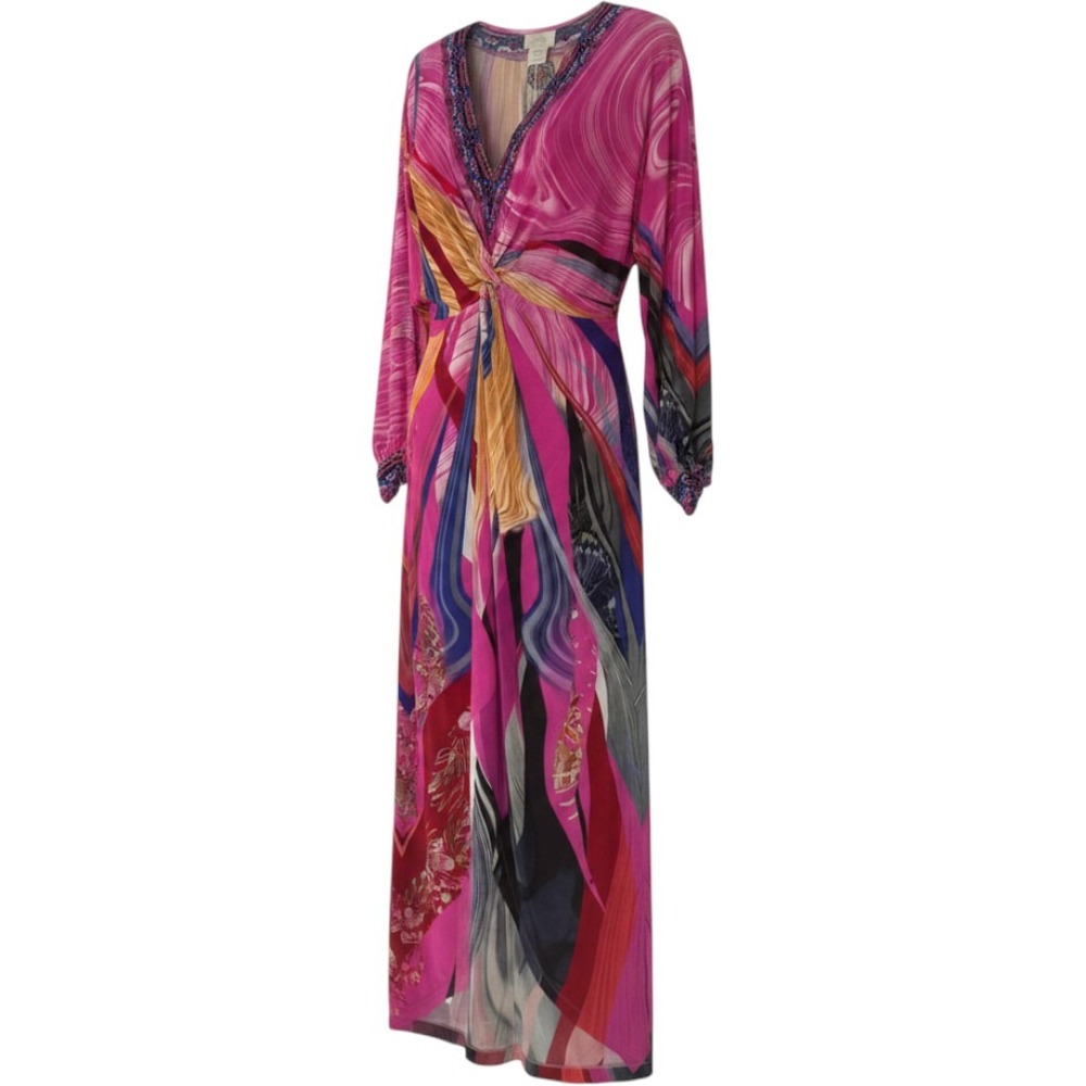 NWT Camilla Folk River Twist Front Dress Pink Beaded V-Neck Midi KNIF024 Med